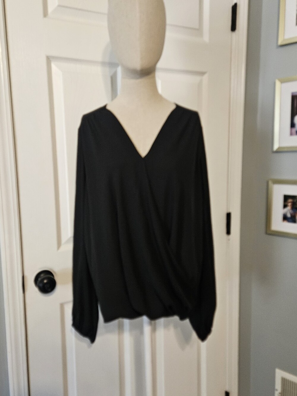 INC International Concepts Black V-Neck Draped Long Sleeve Top